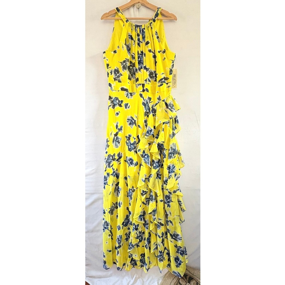 Eliza J Yellow Floral Chiffon Ruffle Maxi Dress Sleeveless Pleat Gown‎ Women NWT